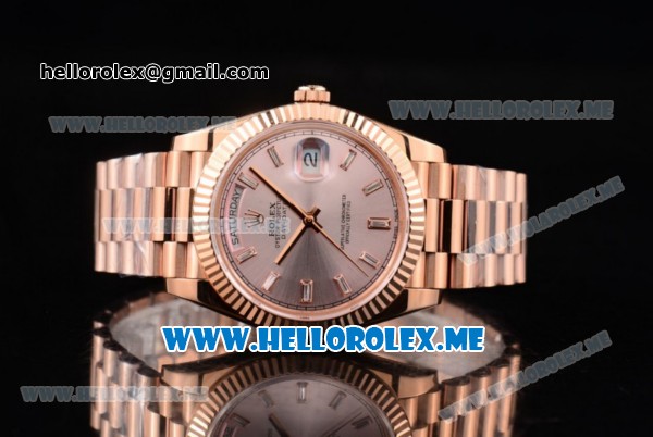 Rolex Day-Date Swiss ETA 2836 Automatic Rose Gold Case/Bracelet with Silver Dial and Stick Markers (BP) - Click Image to Close